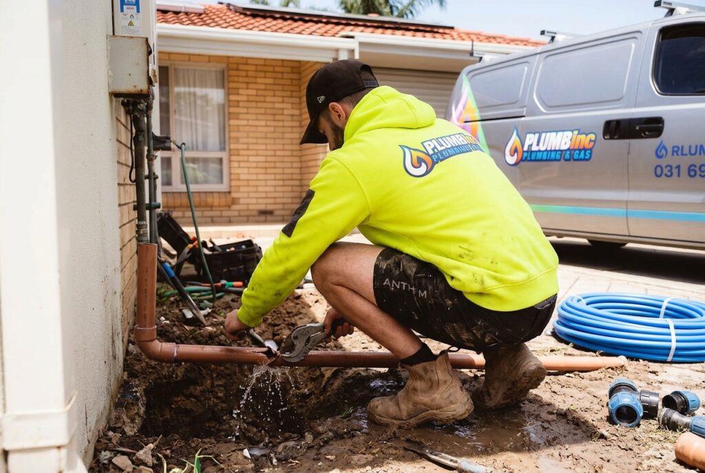 Plumber attending to an external burst pipe