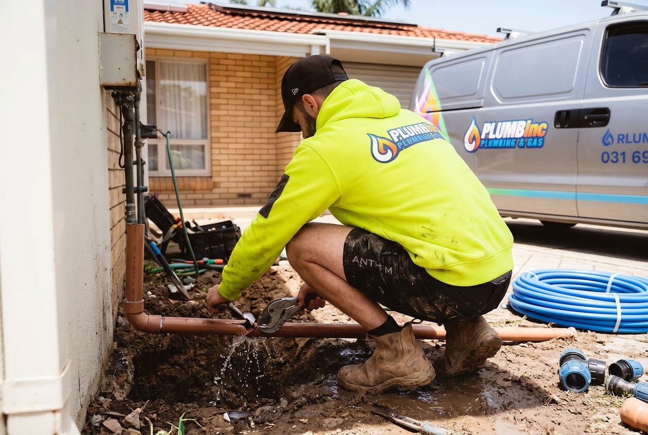 Plumber attending to an external burst pipe