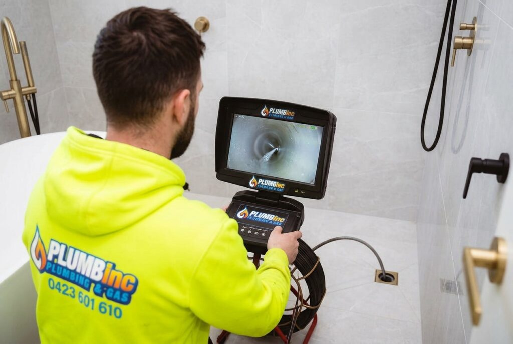 Plumber viewing CCTV footage of a blockage in an outlet pipe from a shower.