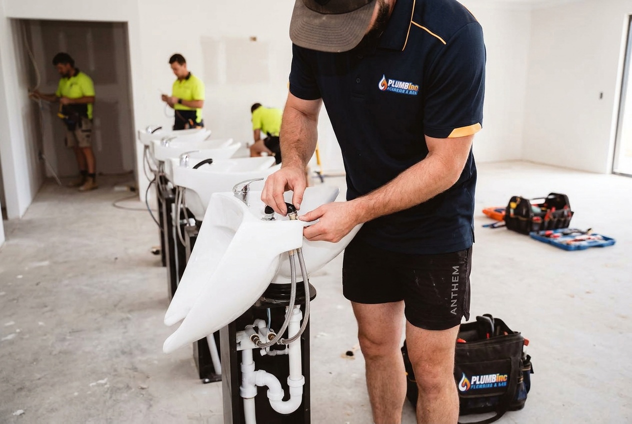 Plumber installing basins for hairdressing salon