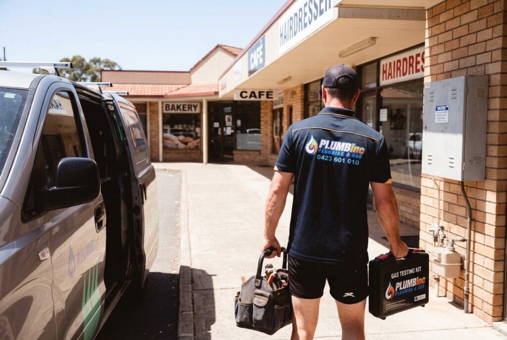 Plumber arriving at strip shops for plumbing and gas maintenance