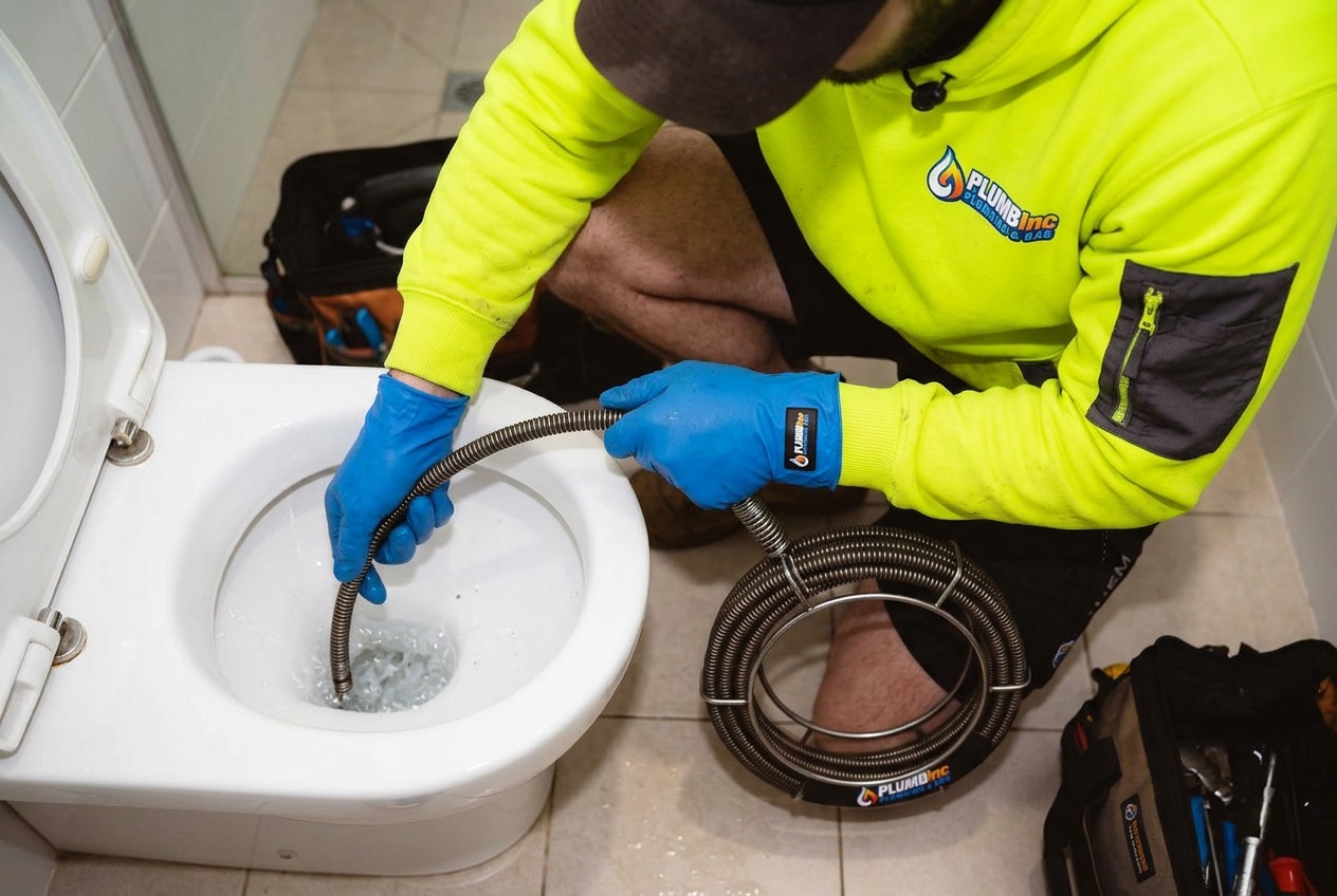 Plumber sending a drain snake down a toilet to clear baby wipes of feminine hygeine products