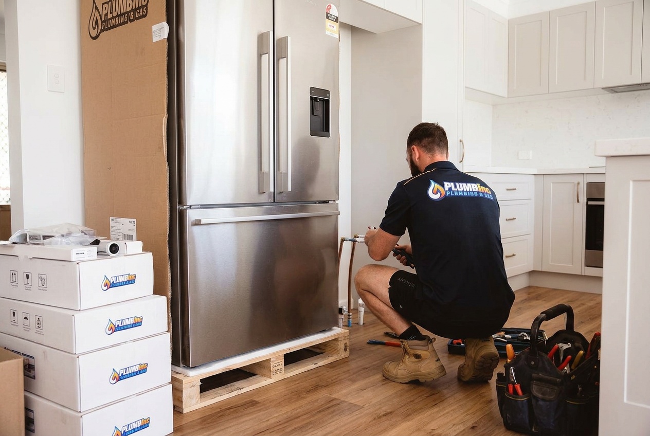 Plumber installng a water new water outlet behind a fridge for constant water supply for a plumbed fridge.