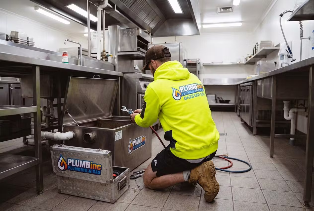 Dylan from PlumbInc servicing a grease arrestor trap in a large kitchen