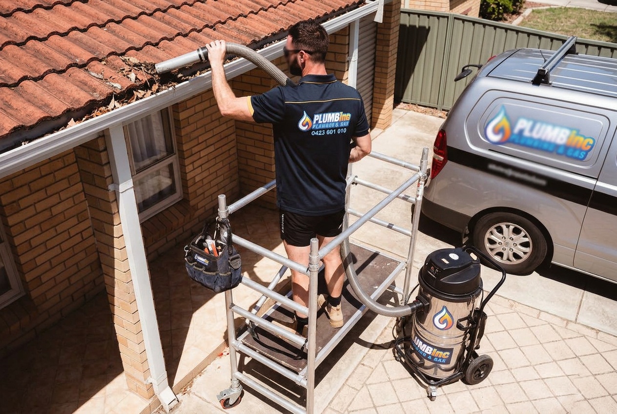 Plumber on scaffold performing a residential homes gutter cleaning