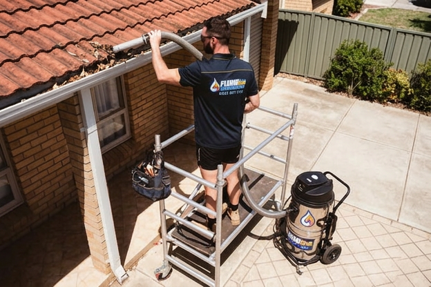 Dylan cleaning a gutter at the front of a home