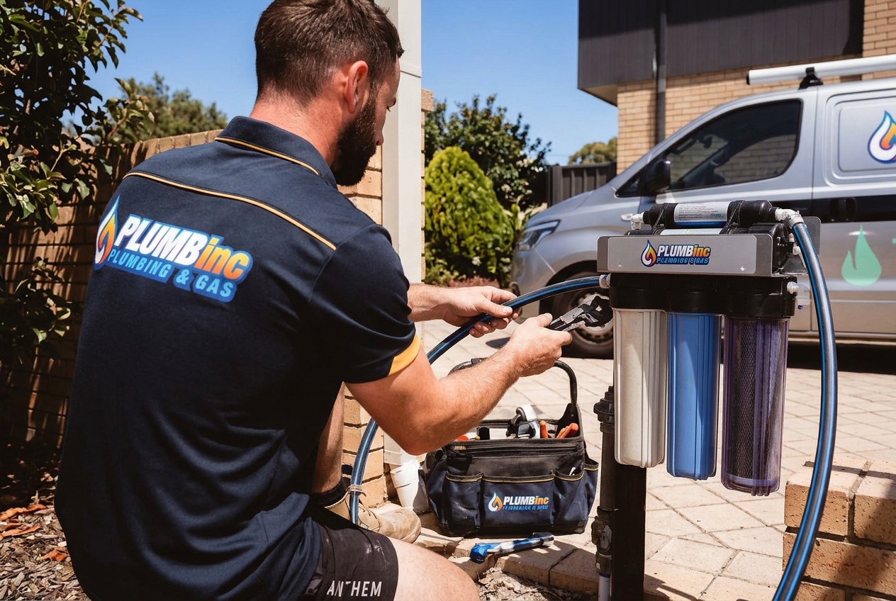 PlumbInc installing a whole of home water filtration unit.