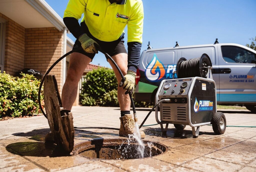 Plumber hydrojetting root and plant matter from the drain between the outside of the house and the outlet crossover.