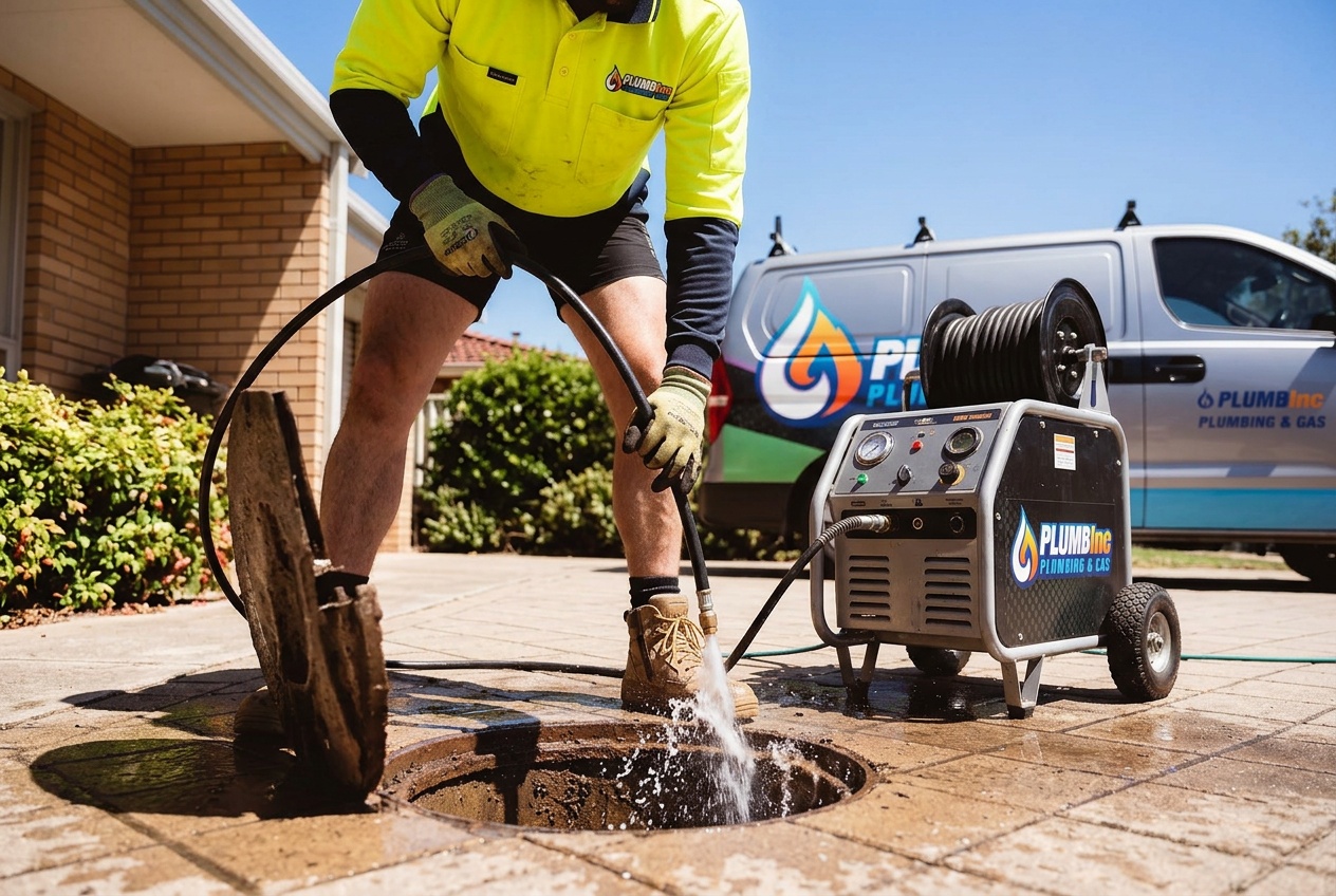 Plumber hydrojetting root and plant matter from the drain between the outside of the house and the outlet crossover.