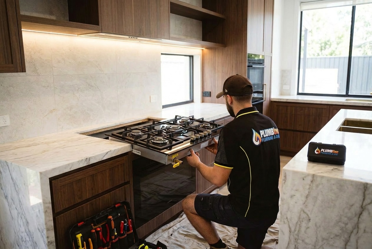 Plumber installing a gas stove during a kitchen renovation