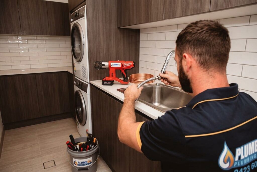 Plumber installing a laundry sink and updating the pipework and water fittings