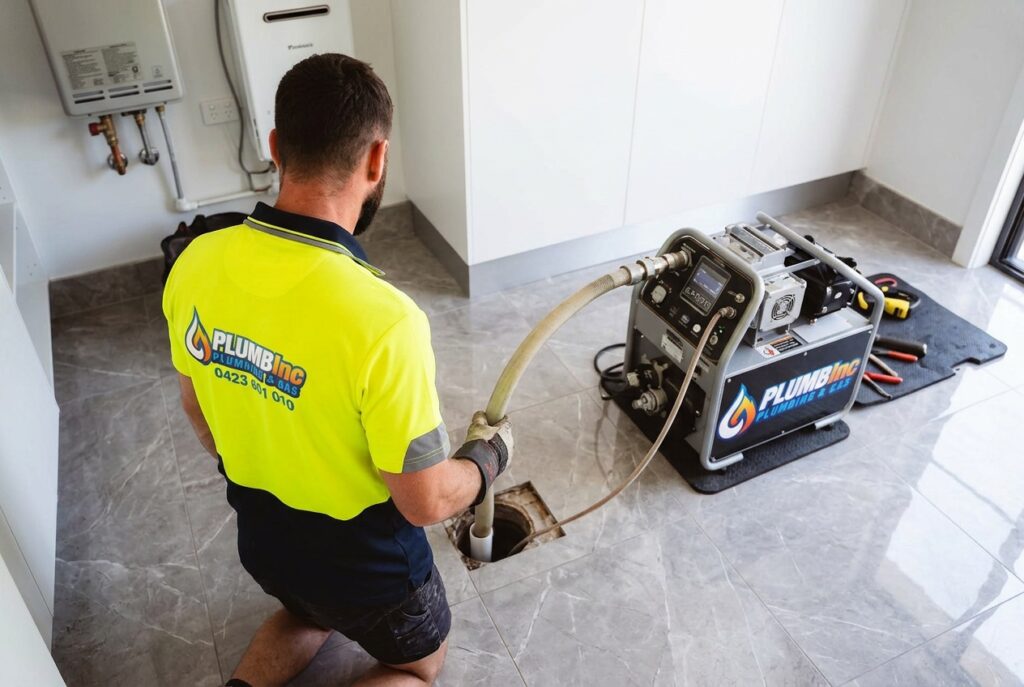 Dylan from PlumbInc relining a pipe from inside the home without cracking open the homes concrete floor pad.