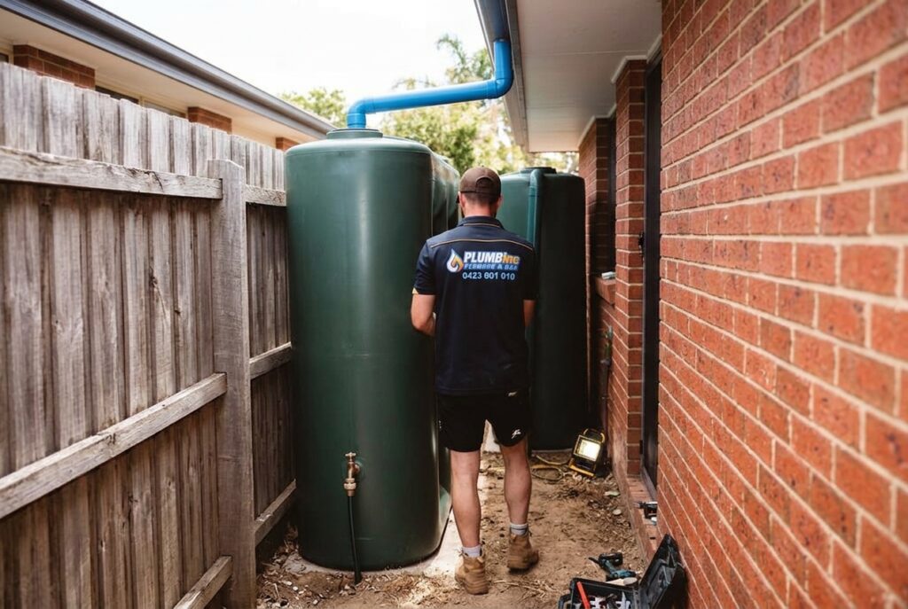 Dylan from PlumbInc installing a dual rainwater tank system along the fenceline of a narrow access home side pathway
