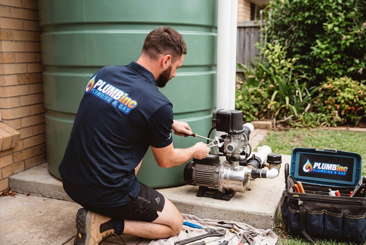Plumber servicing a rain water tank pump