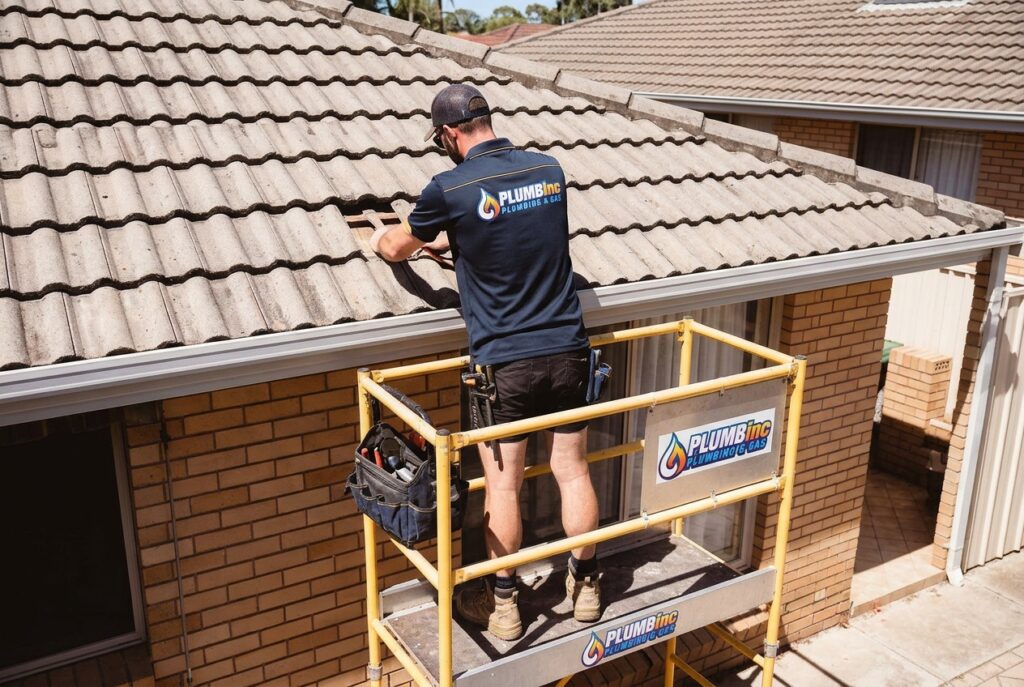 Plumber on a scaffold assessing a broken tile and potential of roof leak damage below