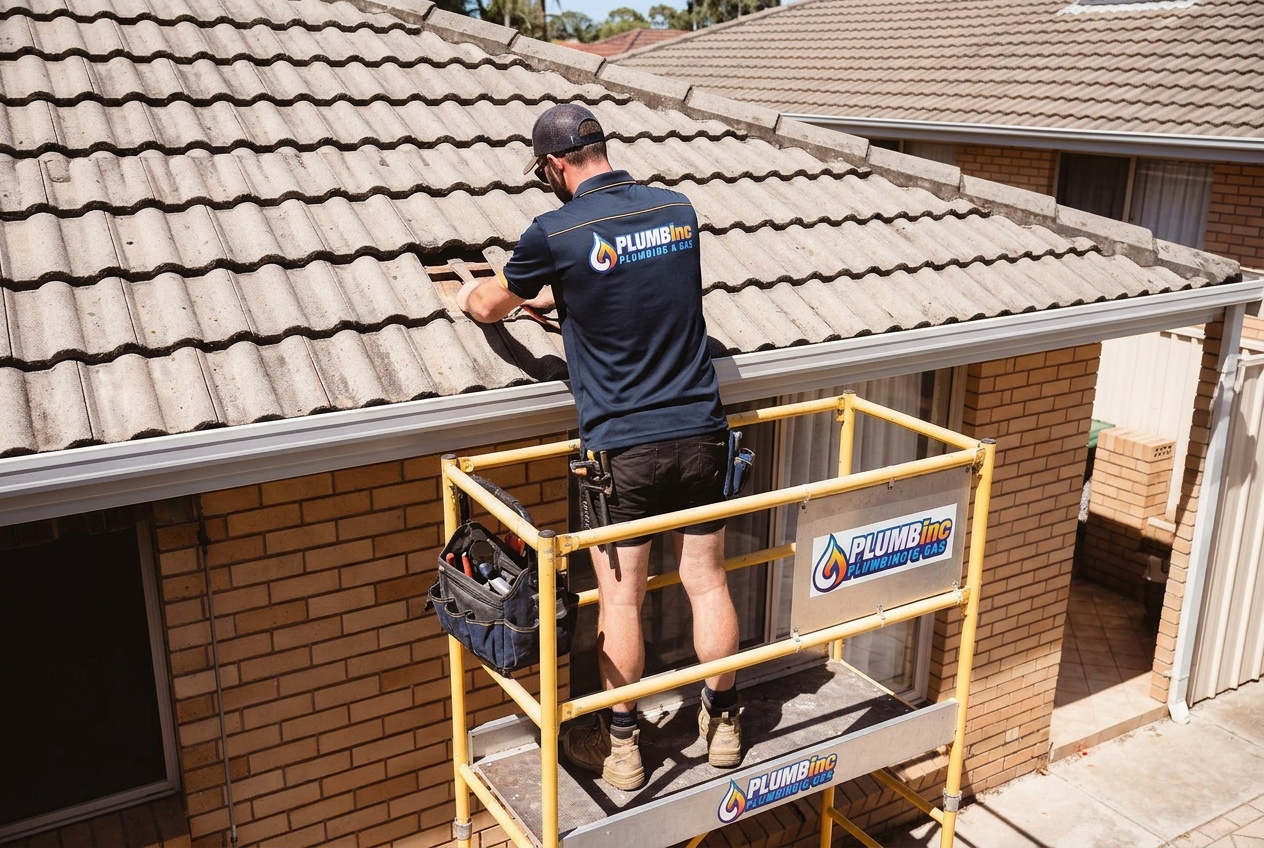 Plumber on a scaffold assessing a broken tile and potential of roof leak damage below