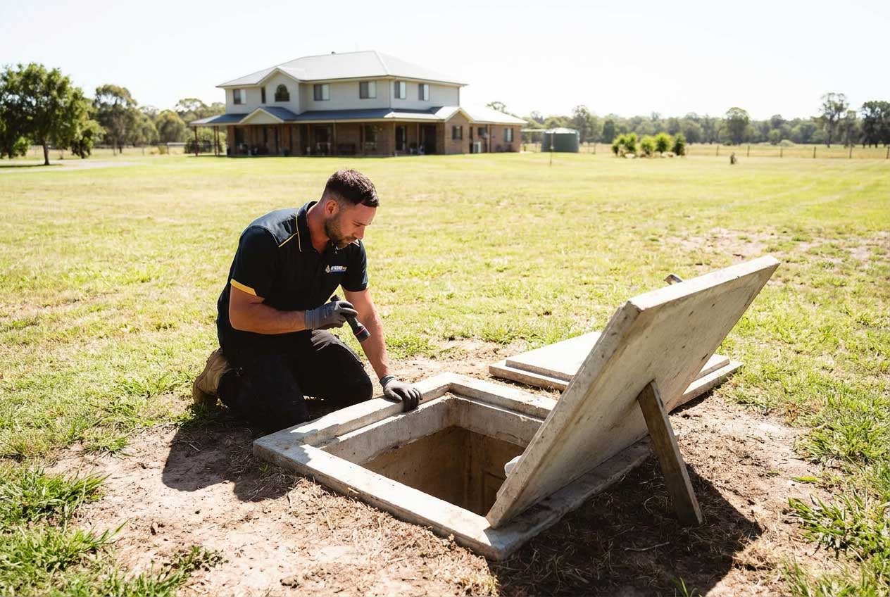 Dylan visually inspecting a septic tank
