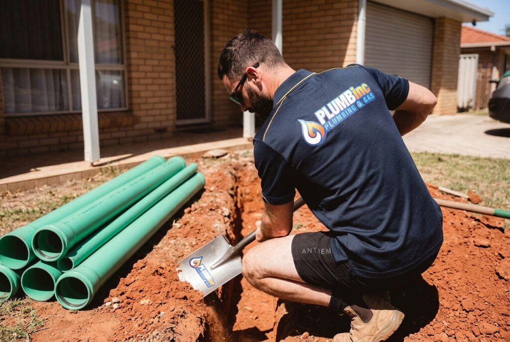 Dylan from PlumbInc digging trenches to house storm water piping