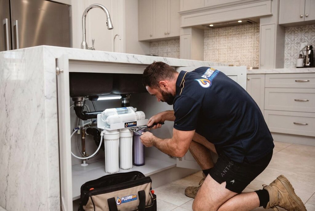 Plumber installing under sink three phase water filtration unit.