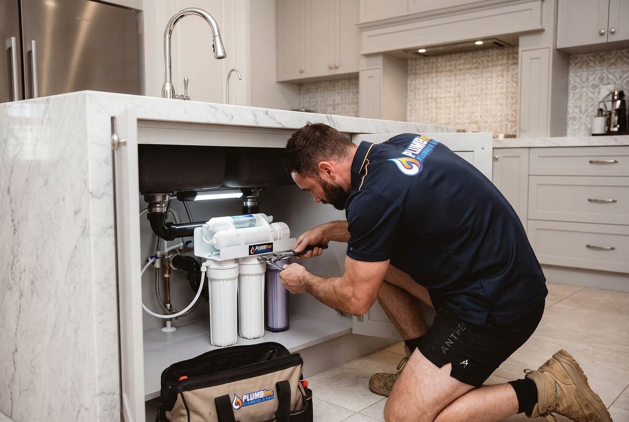 Plumber installing under sink three phase water filtration unit.